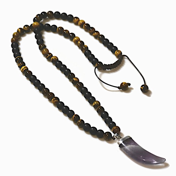 Tribal Long Beaded Necklace w/ a Horn Tusk Pendant Amethyst Tiger Eye Black Onyx - Picture 6 of 7